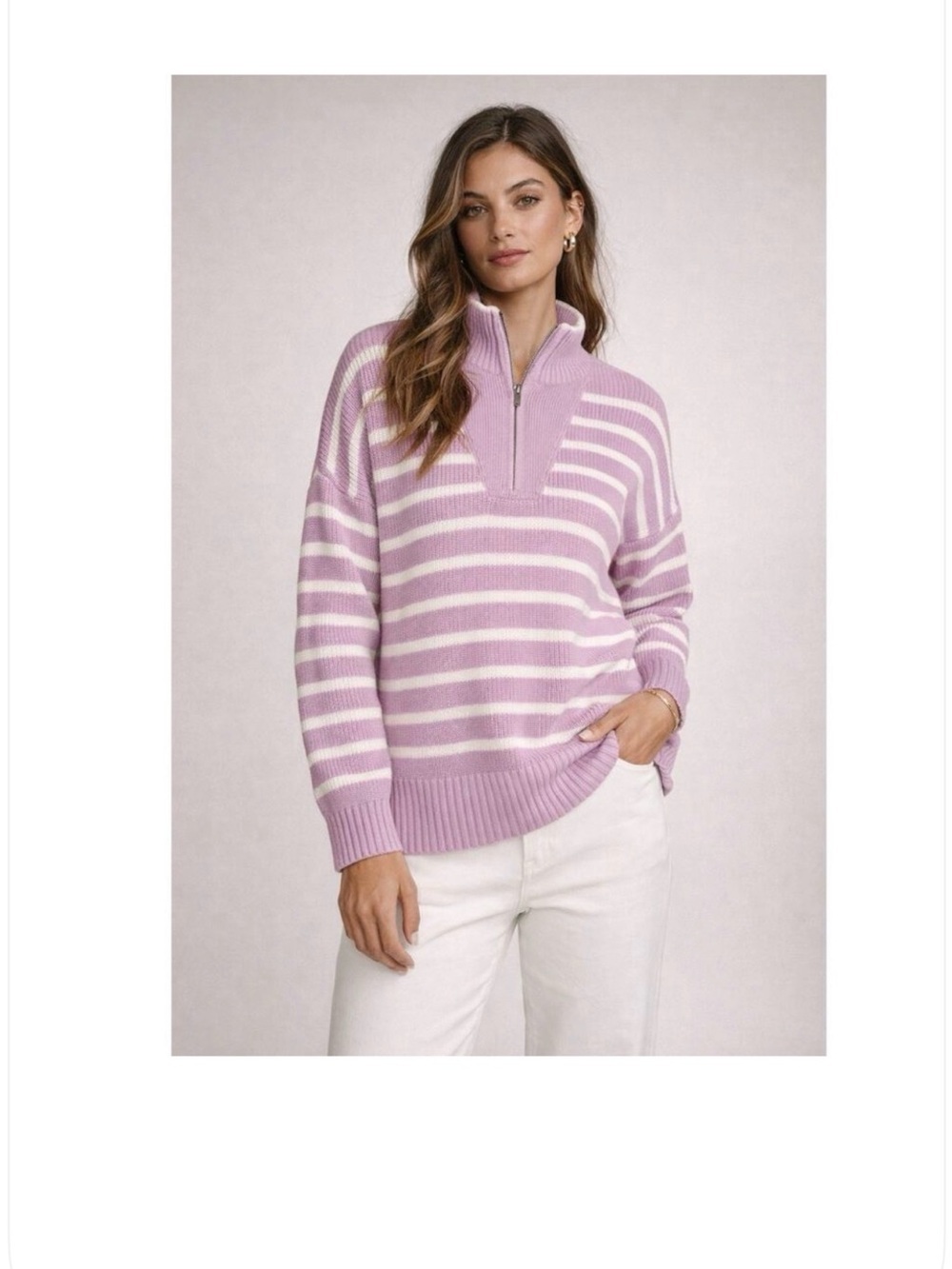 Lands' End Drifter Mariner Cotton Sweater Sz Large purple white stripe